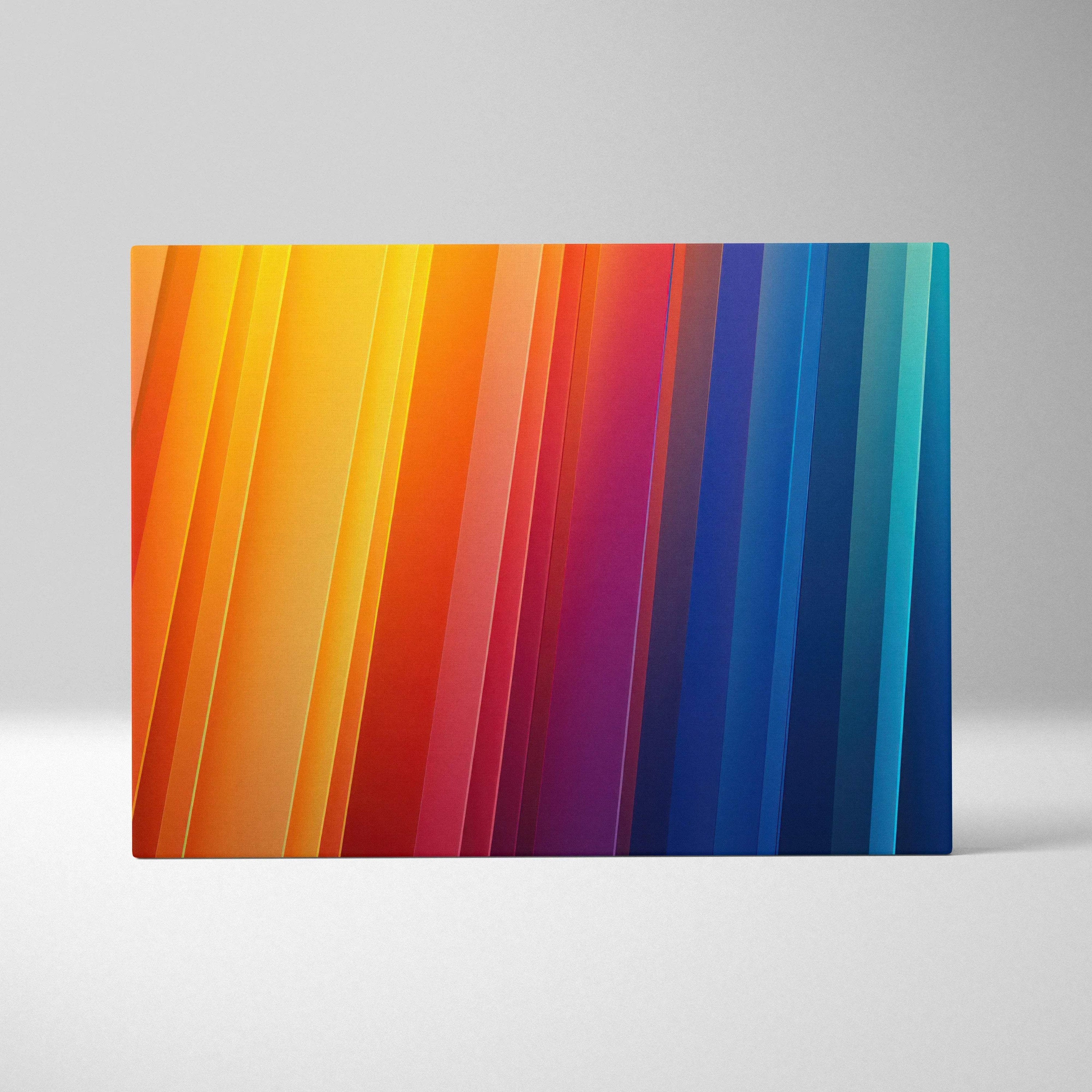 Abstract digital art canvas with vertical gradient stripes in warm yellow, red, and cool blue tones, wall art.