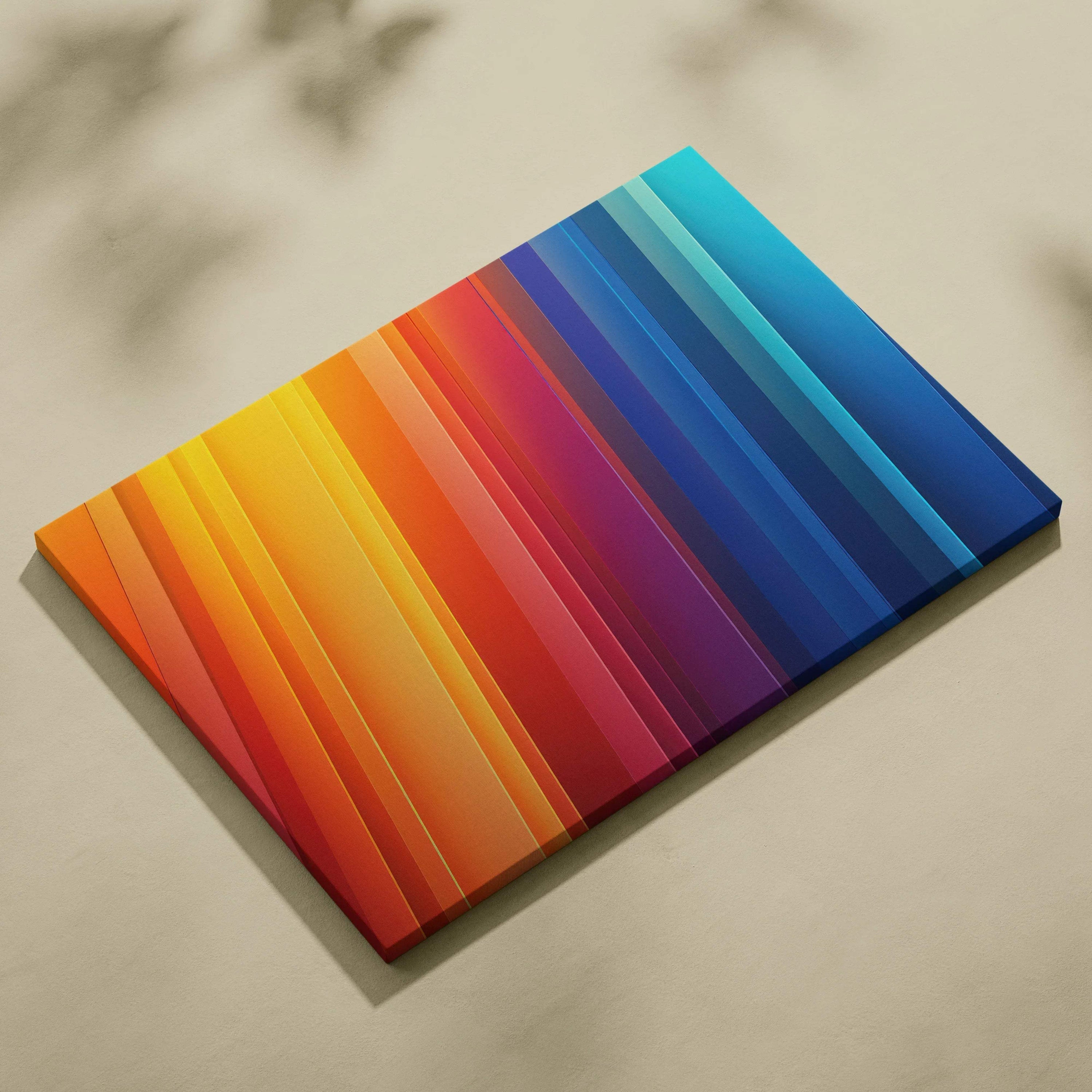Abstract digital art canvas with vibrant gradient stripes in warm orange to cool blue tones, modern wall art.