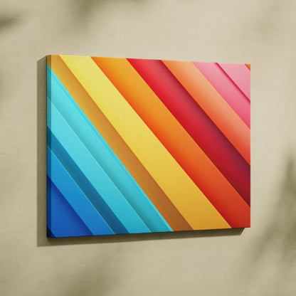 Colorful abstract digital canvas art with diagonal stripes in blue, yellow, red, and pink tones.