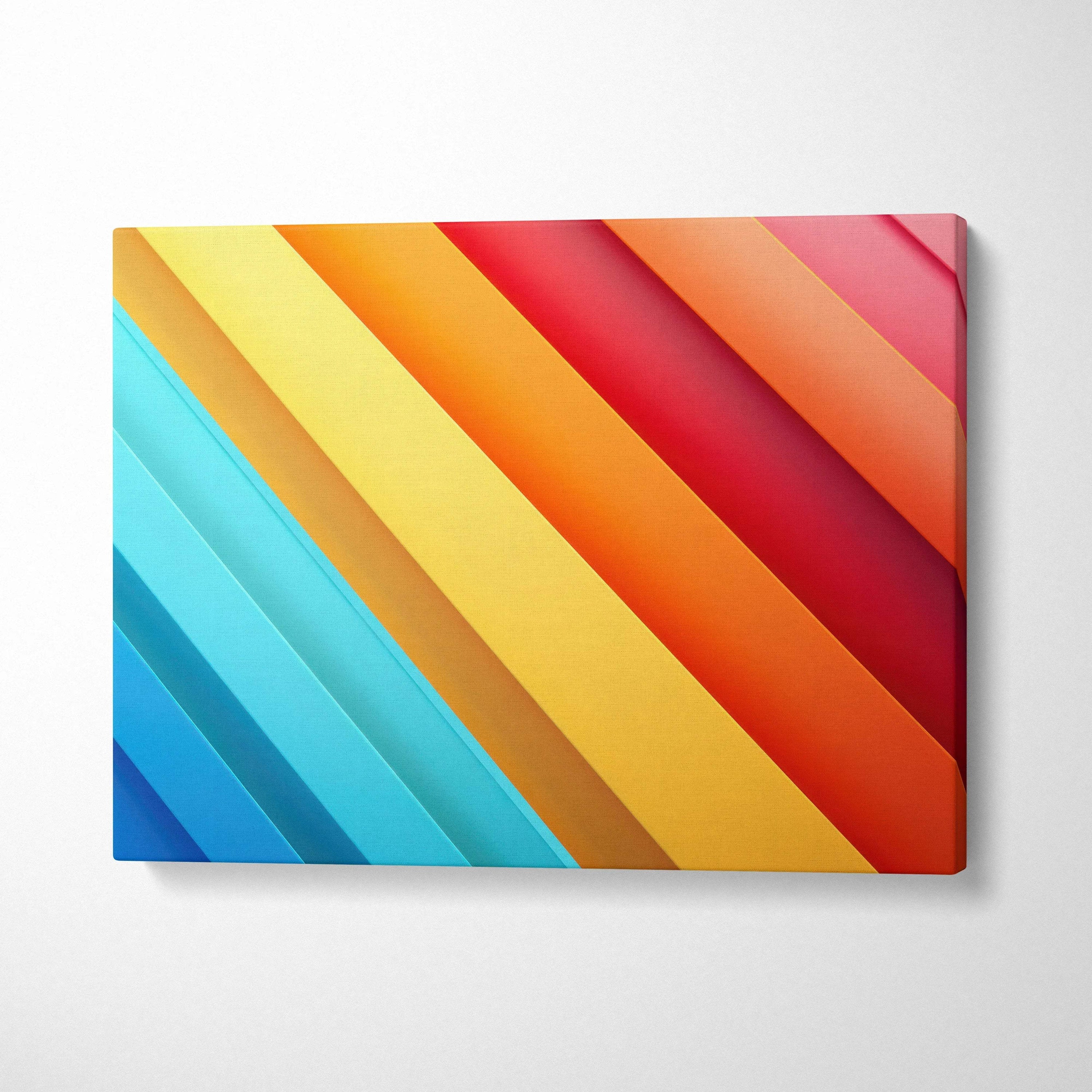 Colorful diagonal stripes in blue, yellow, orange, and red on modern abstract canvas wall art.