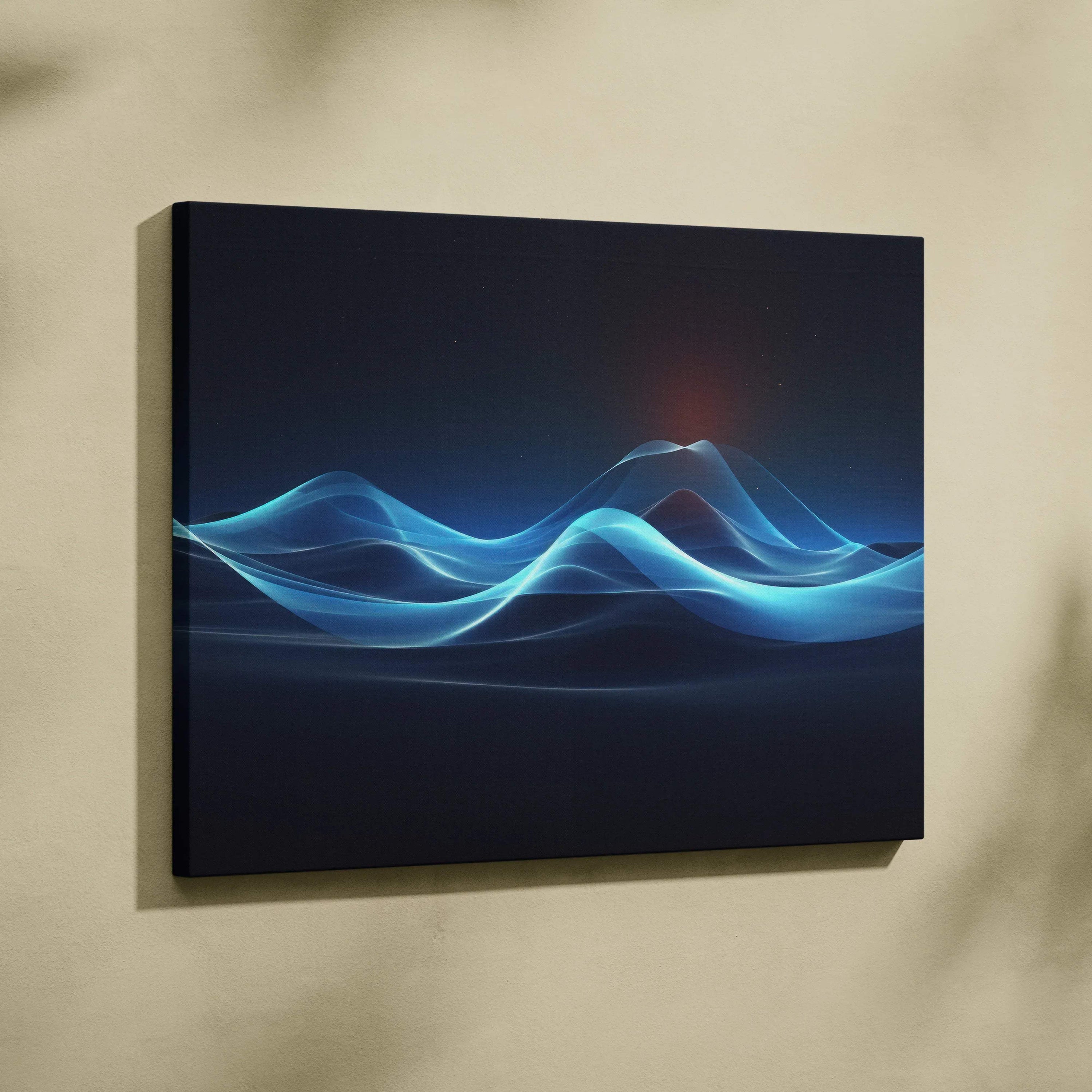 Abstract digital blue wave design on black canvas wall art with smooth flowing lines.