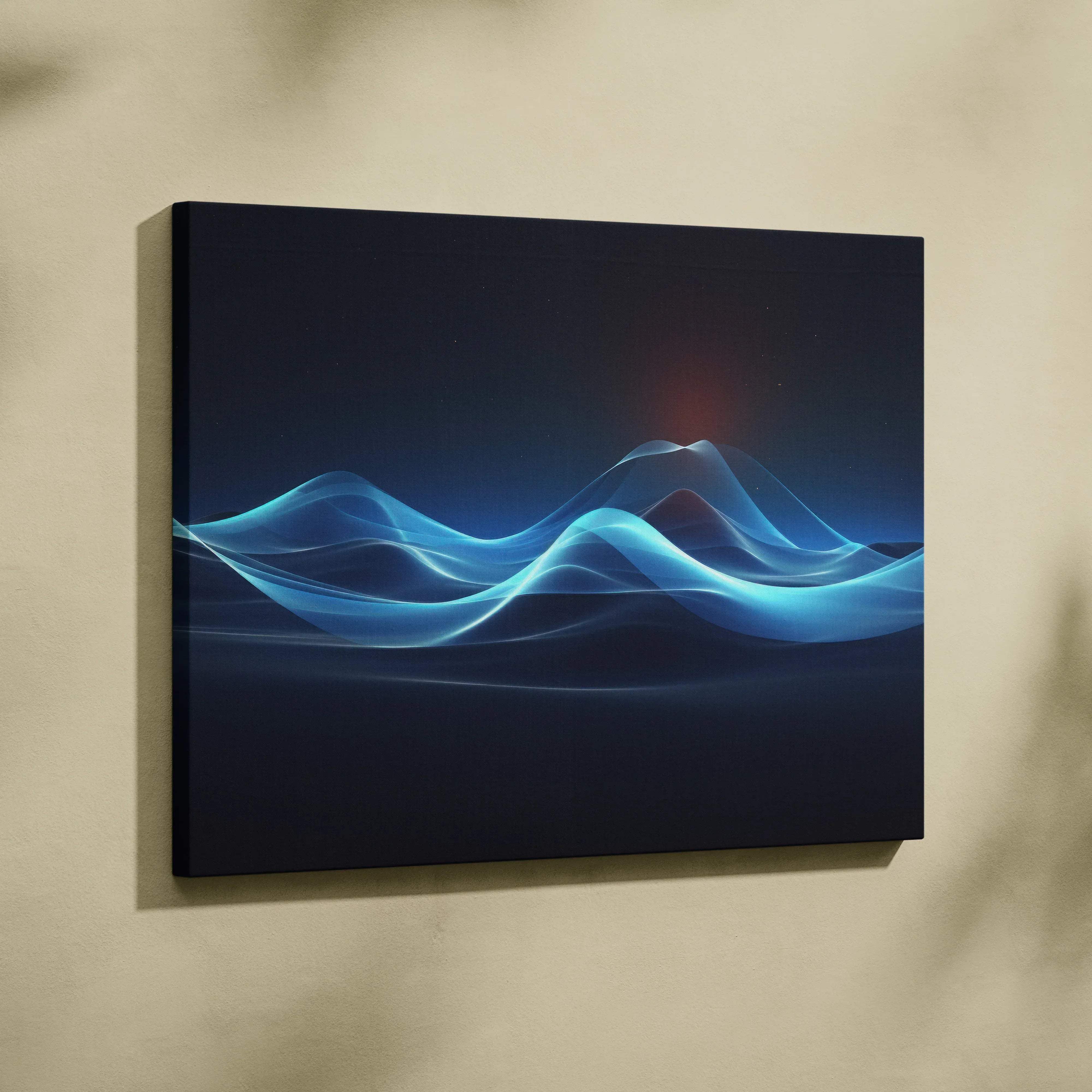 Abstract waves of light canvas wall art featuring blue abstract wave design with glowing light effects for night decor
