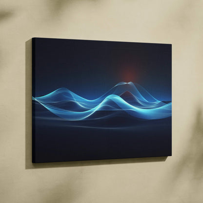 Abstract digital blue wave design on black canvas wall art with smooth flowing lines.