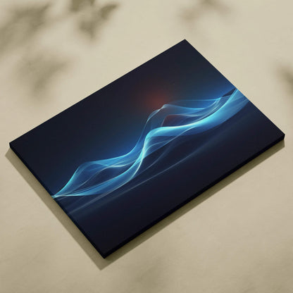 Canvas art featuring smooth, flowing blue wave lines on a dark background for modern wall decor.