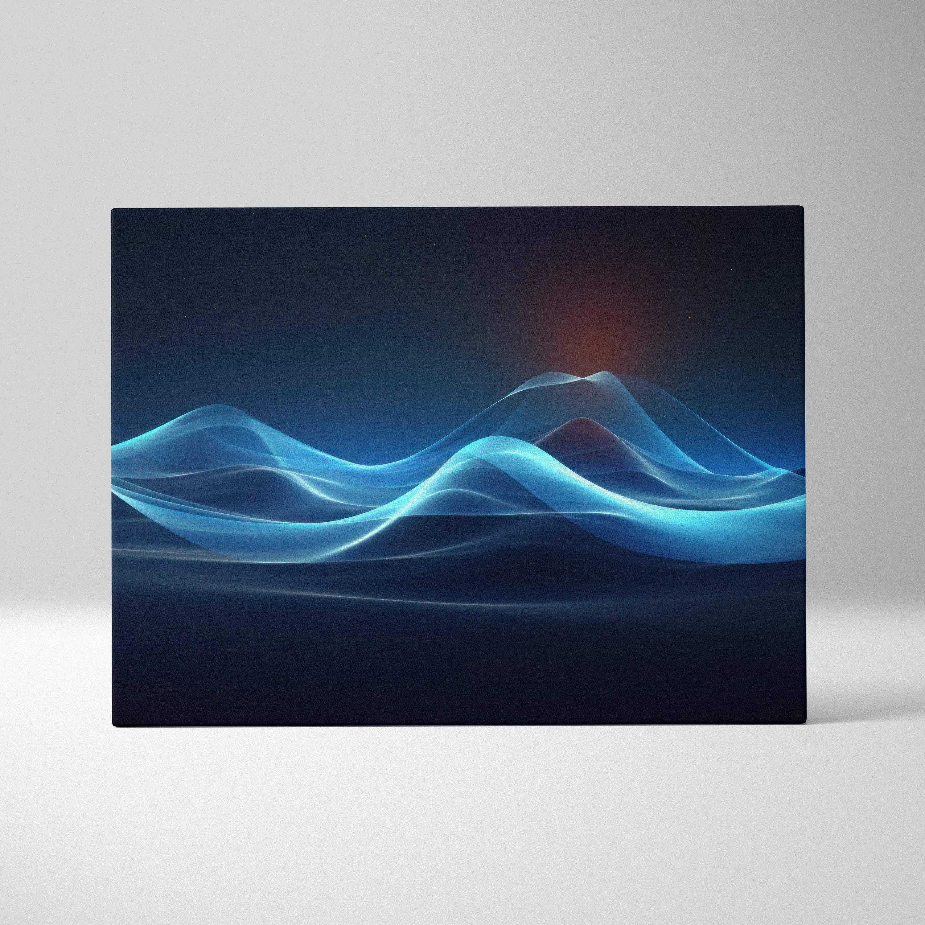 Abstract digital art canvas with flowing blue wave patterns on a dark background, modern wall art.