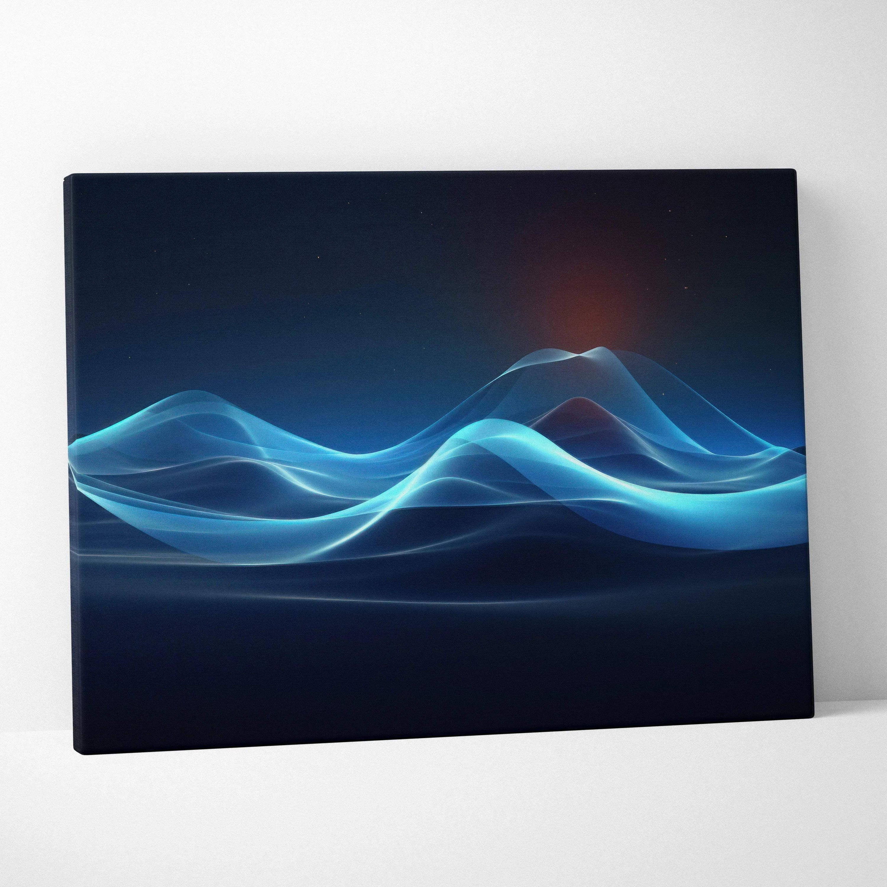 Abstract digital art canvas print featuring flowing blue waveforms on a dark background for modern wall art.