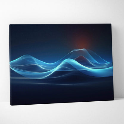 Abstract digital art canvas print featuring flowing blue waveforms on a dark background for modern wall art.