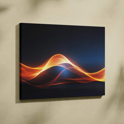Abstract digital art canvas wall art with flowing orange and red light waves on a dark background.
