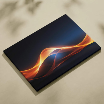 Abstract digital canvas wall art featuring flowing orange and blue light waves on a black background.