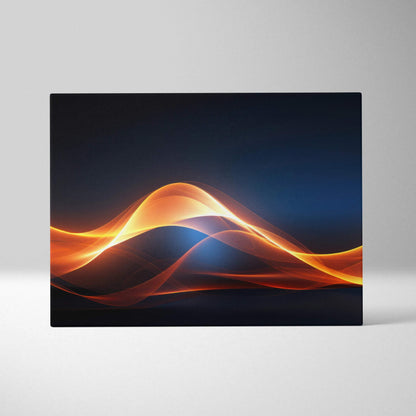 Abstract digital canvas art with flowing orange light waves on a dark blue background.