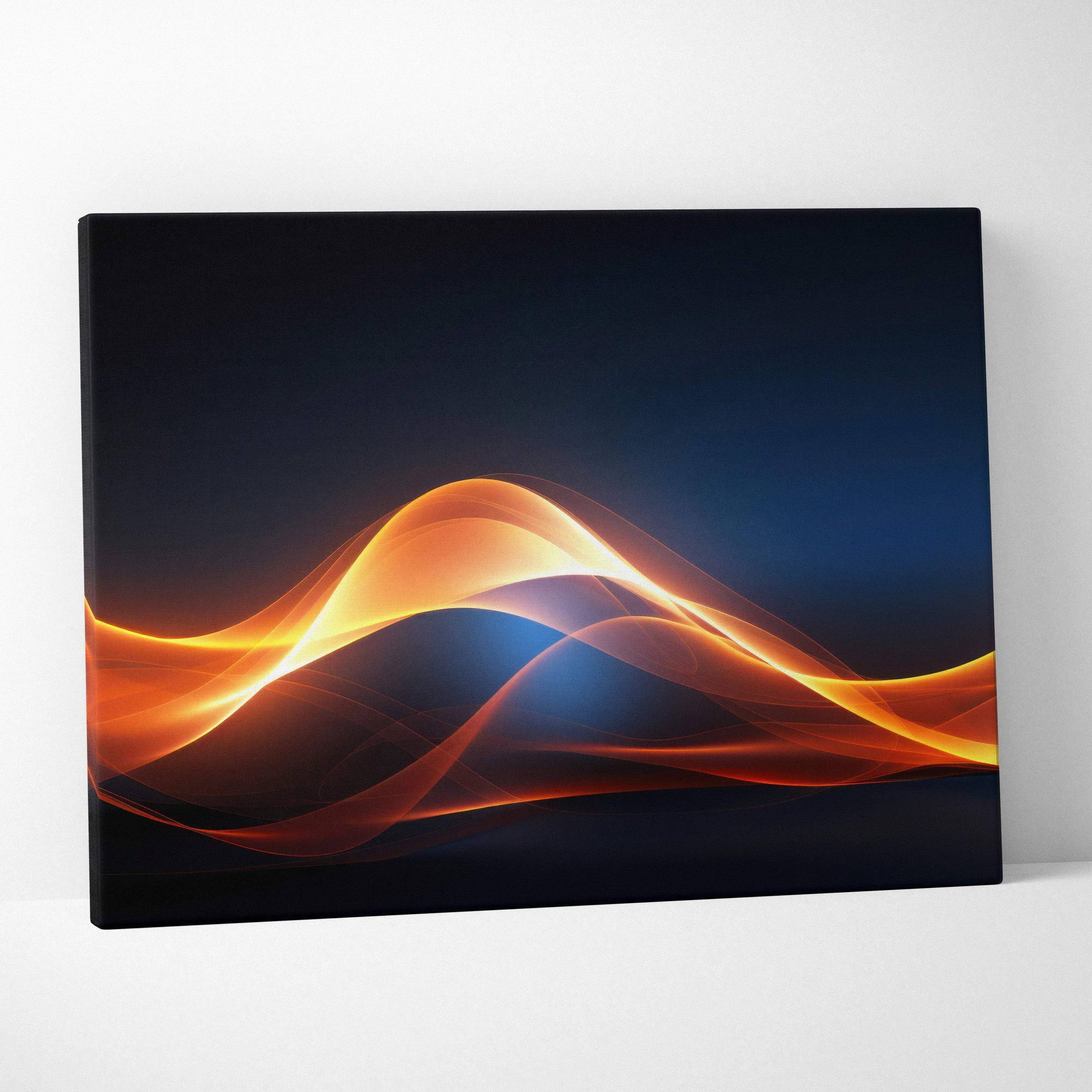 Abstract digital wall art canvas print with glowing orange and yellow wave patterns on a dark blue background.