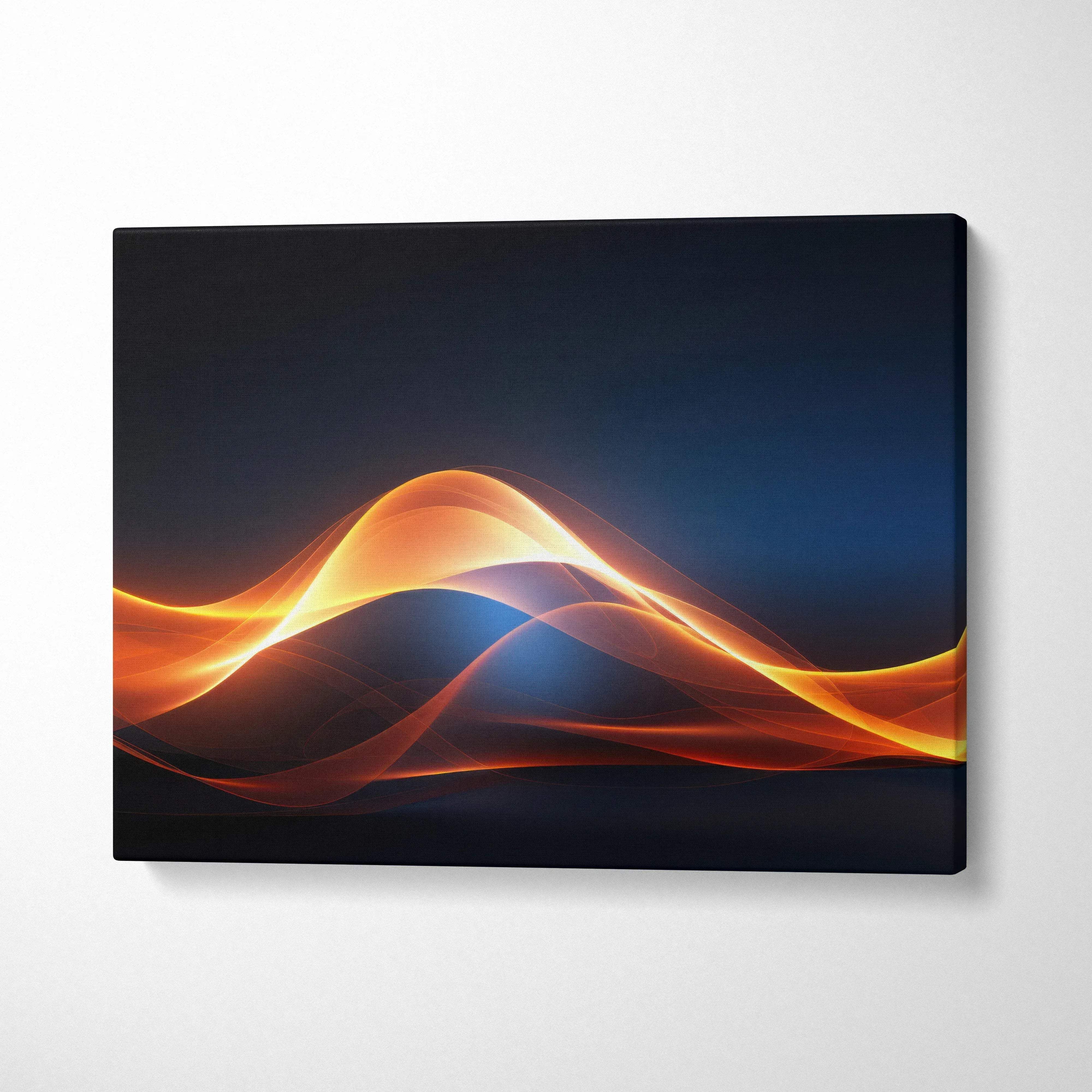 Modern abstract digital wall art canvas with flowing orange and yellow light waves on dark background.