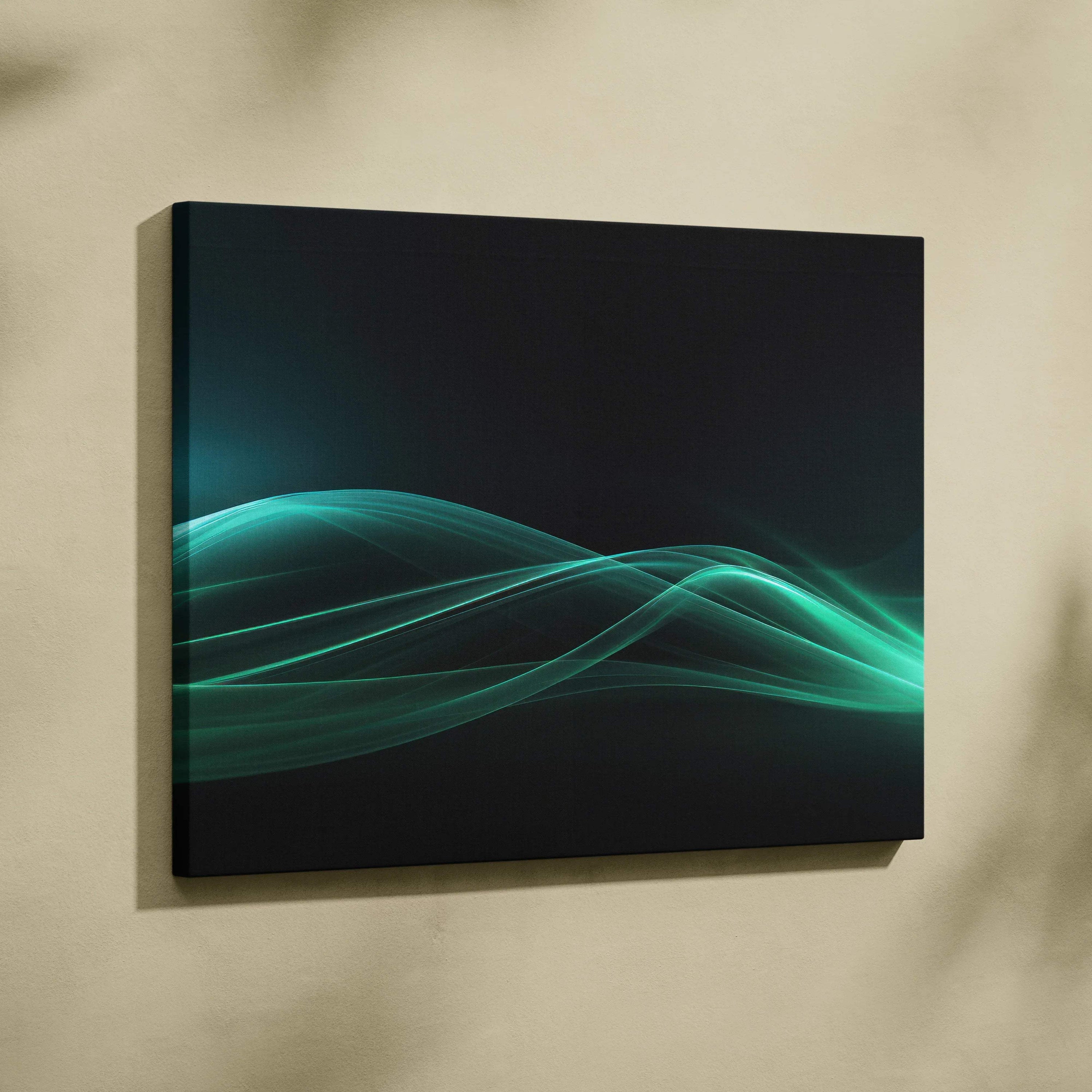 Abstract canvas wall art with flowing turquoise and teal wave forms on a black background.