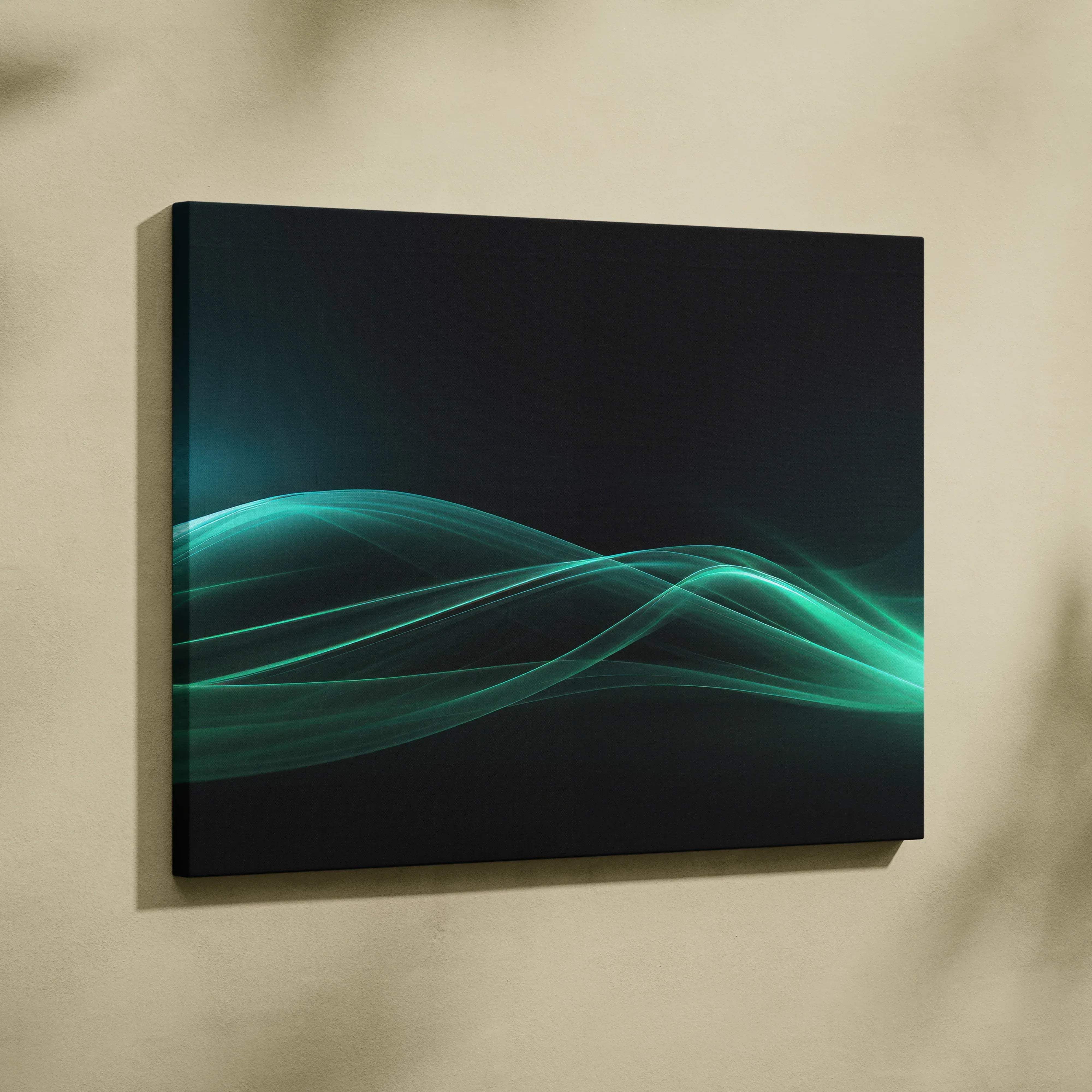 A modern abstract teal waveforms canvas wall art with flowing teal light waves on a deep black background