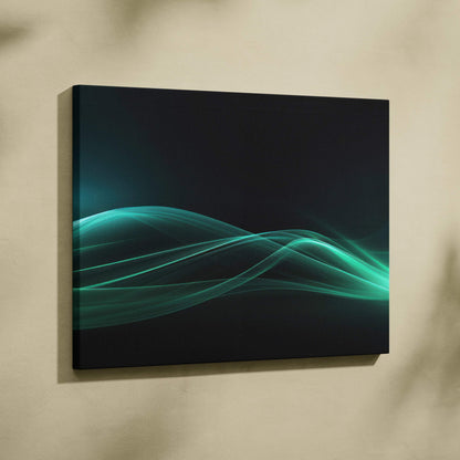 Abstract canvas wall art with flowing turquoise and teal wave forms on a black background.