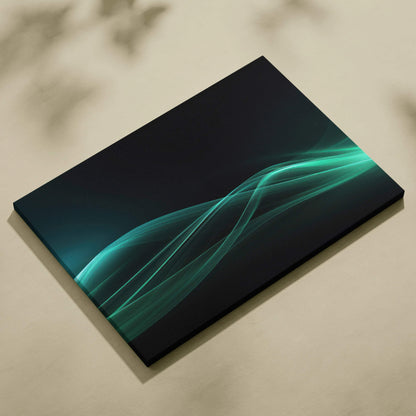 Modern abstract canvas wall art with flowing teal and green light wave design on black background.