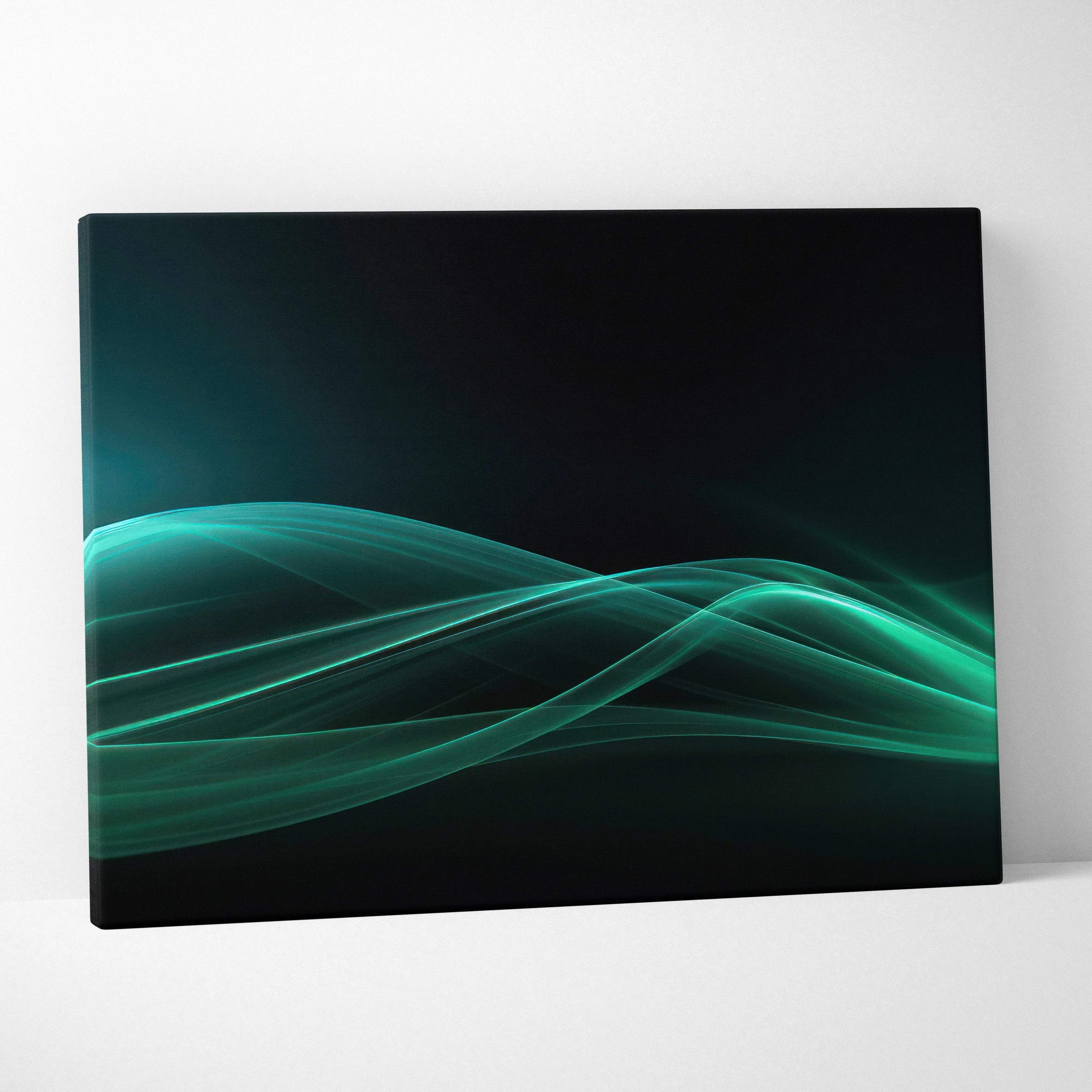 Abstract digital art canvas wall art with flowing teal and green waves on black background.