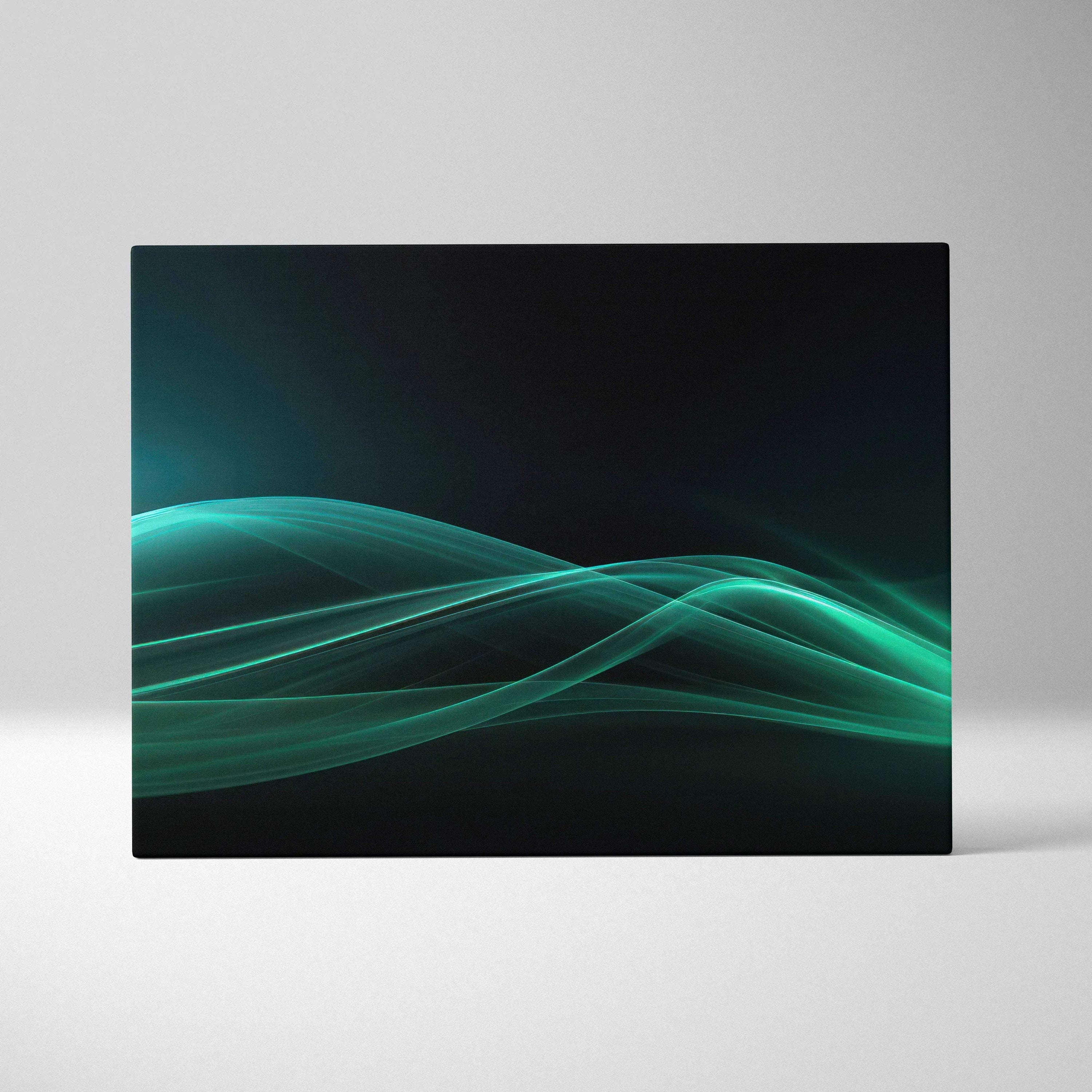 Abstract modern canvas art with flowing teal waves on a black background wall art print.