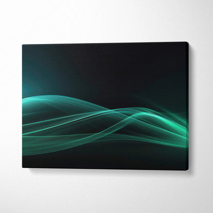 Vibrant abstract canvas art with flowing teal and green wave patterns on black wall art canvas.