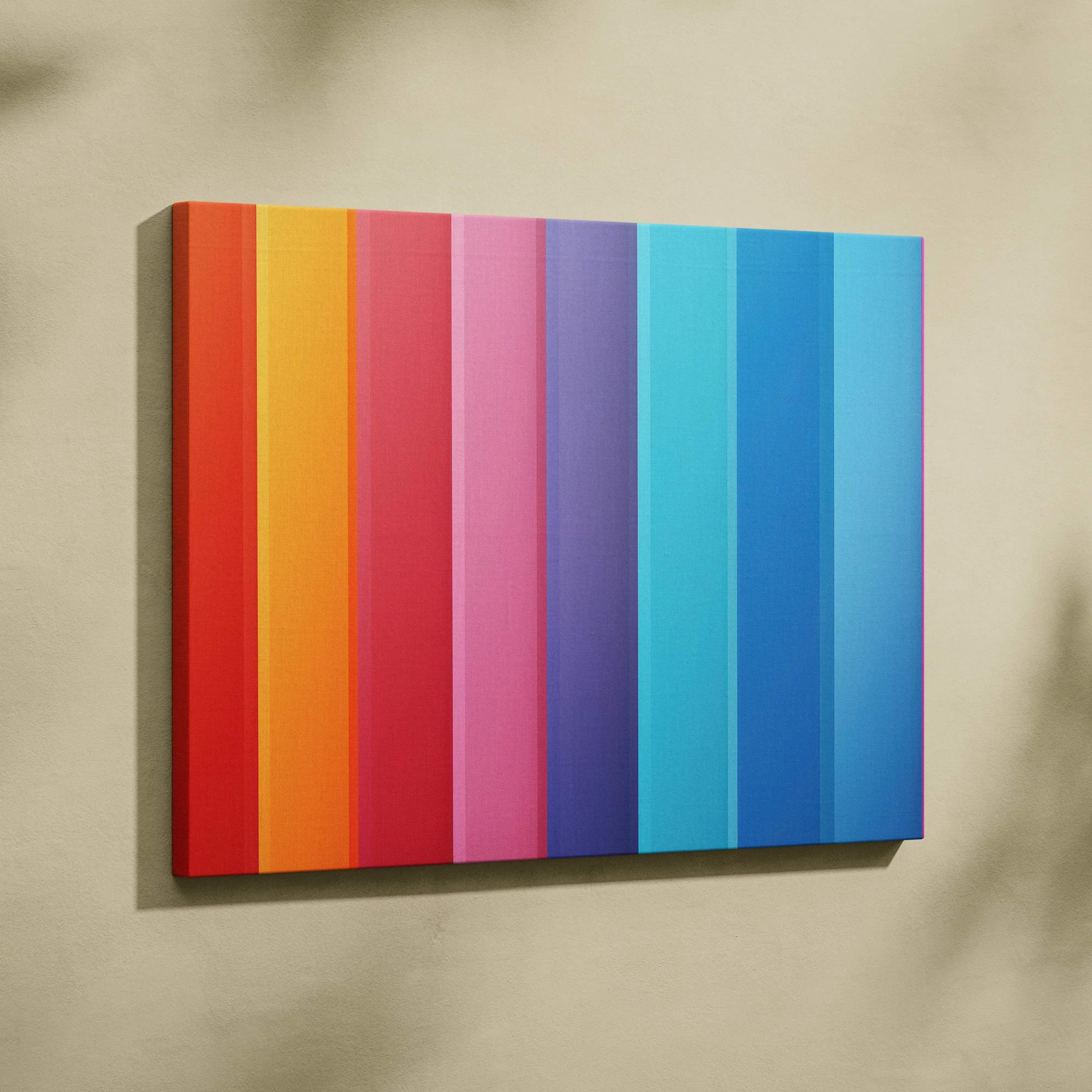 Vibrant abstract canvas art with vertical gradient stripes in warm to cool tones, wall art print.