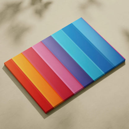 Abstract canvas art with vibrant vertical stripes in red, orange, pink, purple, and varying blue tones.