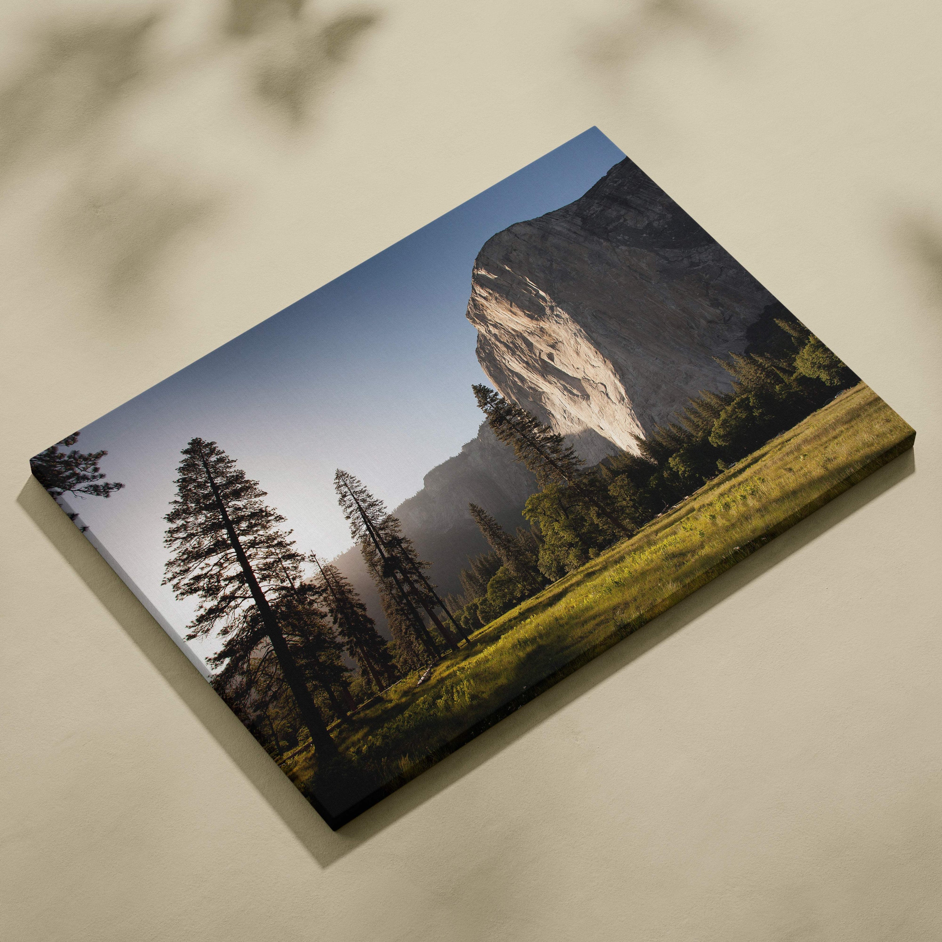 Rectangular canvas print of a golden sunlit yosemite cliff with evergreen trees for nature photography decor