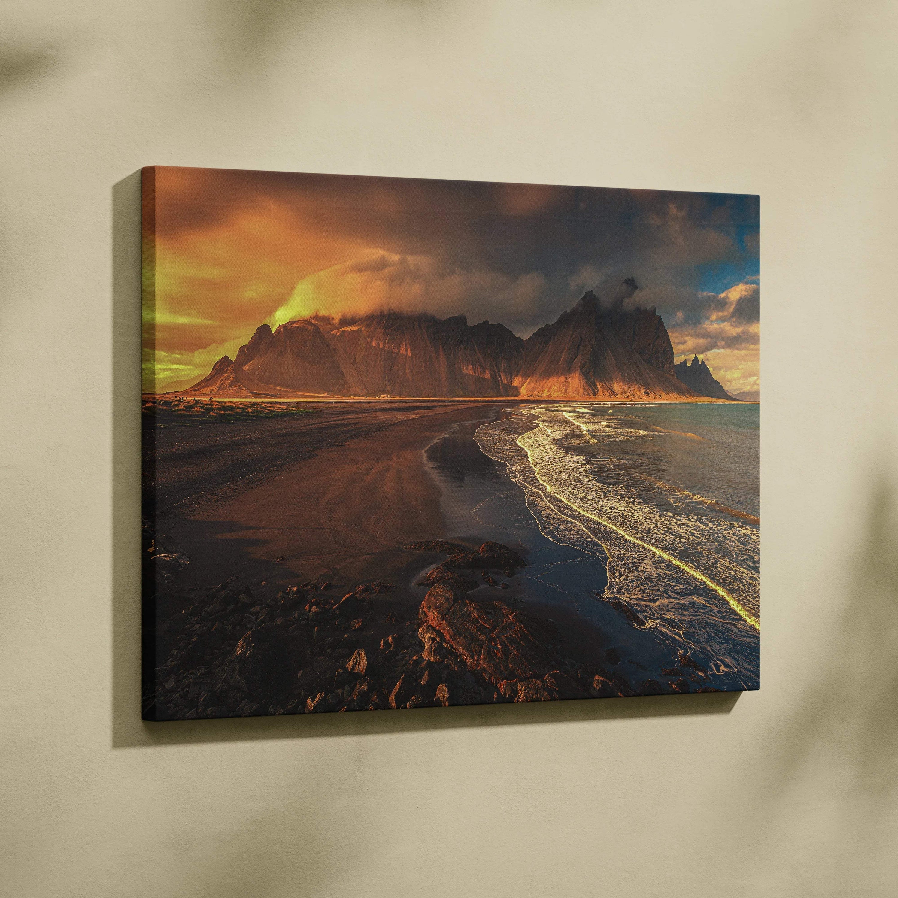 Cinematic volcanic beach sunset canvas art with dramatic mountains and glowing waves