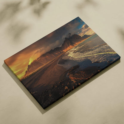 Cinematic volcanic beach sunset canvas print with glowing waves