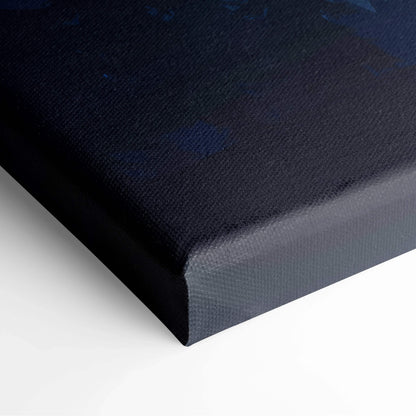 Black textured canvas art of moonlit mountain valley with glowing lake and pine silhouettes in blues teal indigo violet