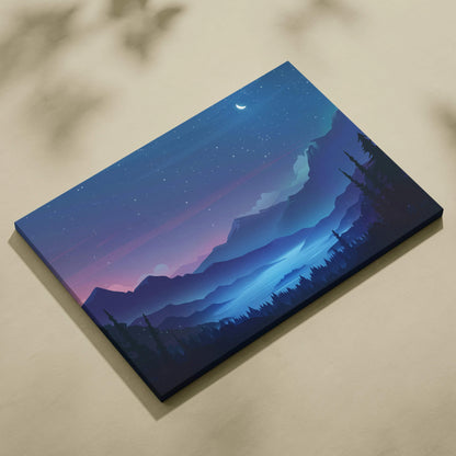 Flat vector moonlit mountain valley canvas wall art in blues with glowing lake
