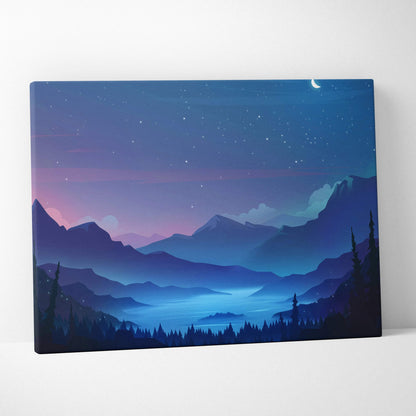 Flat vector moonlit mountain valley canvas print with glowing lake and pine silhouettes in blues teal indigo violet