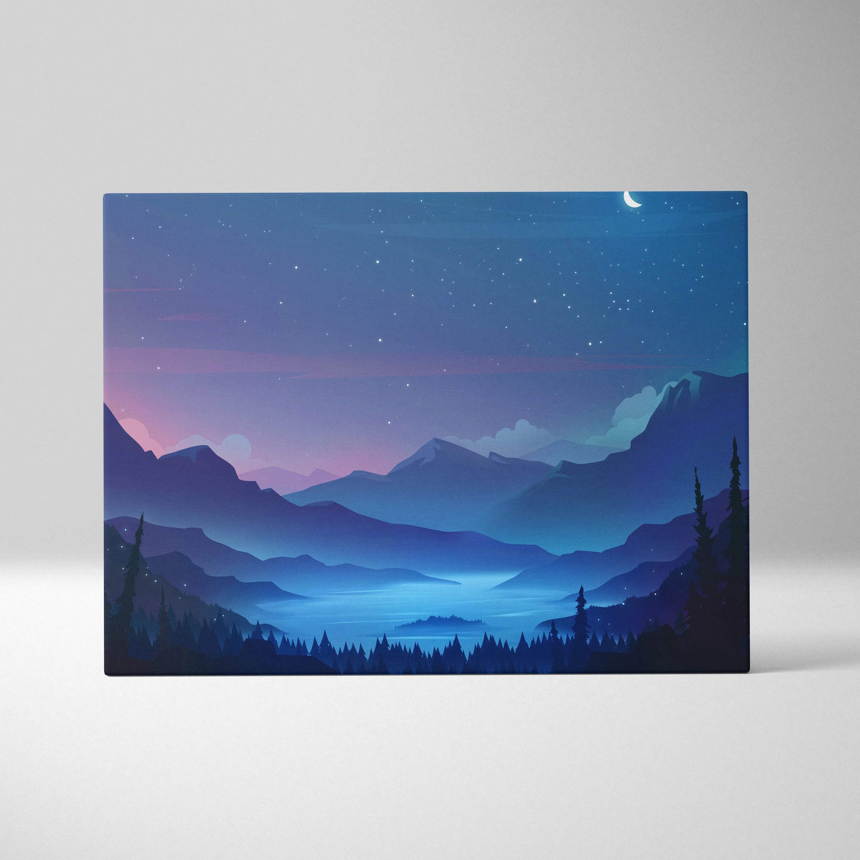 Flat vector moonlit mountain valley canvas print with glowing lake and pines