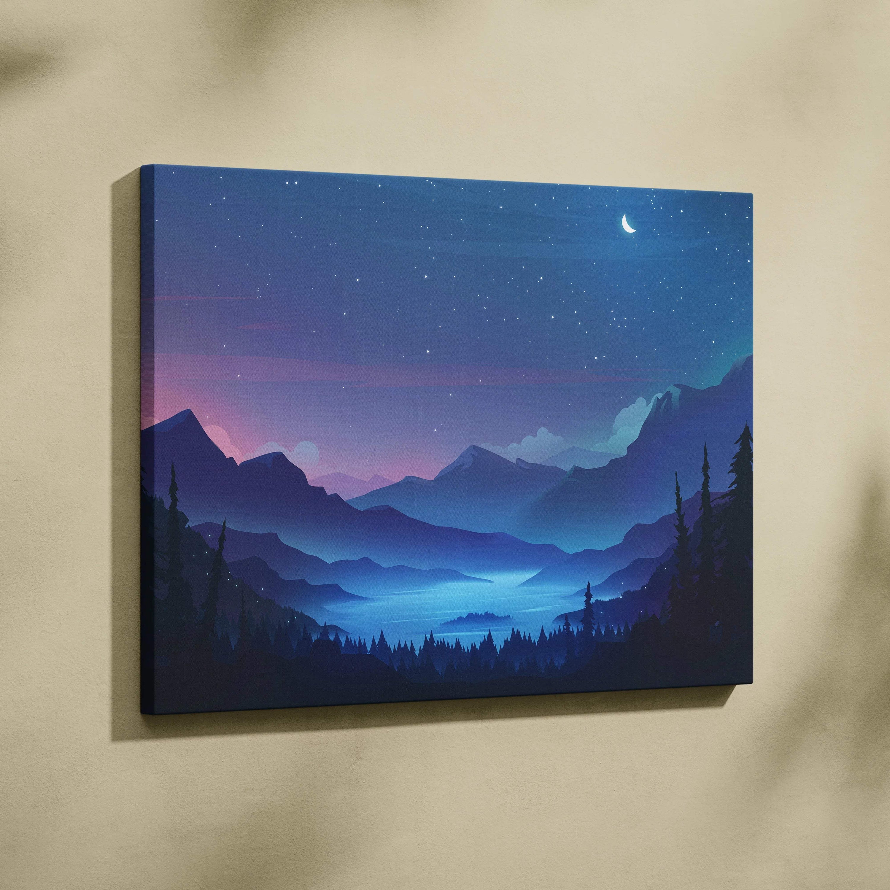 Flat vector moonlit mountain valley canvas print with glowing lake and pine silhouettes in blues teal indigo violet