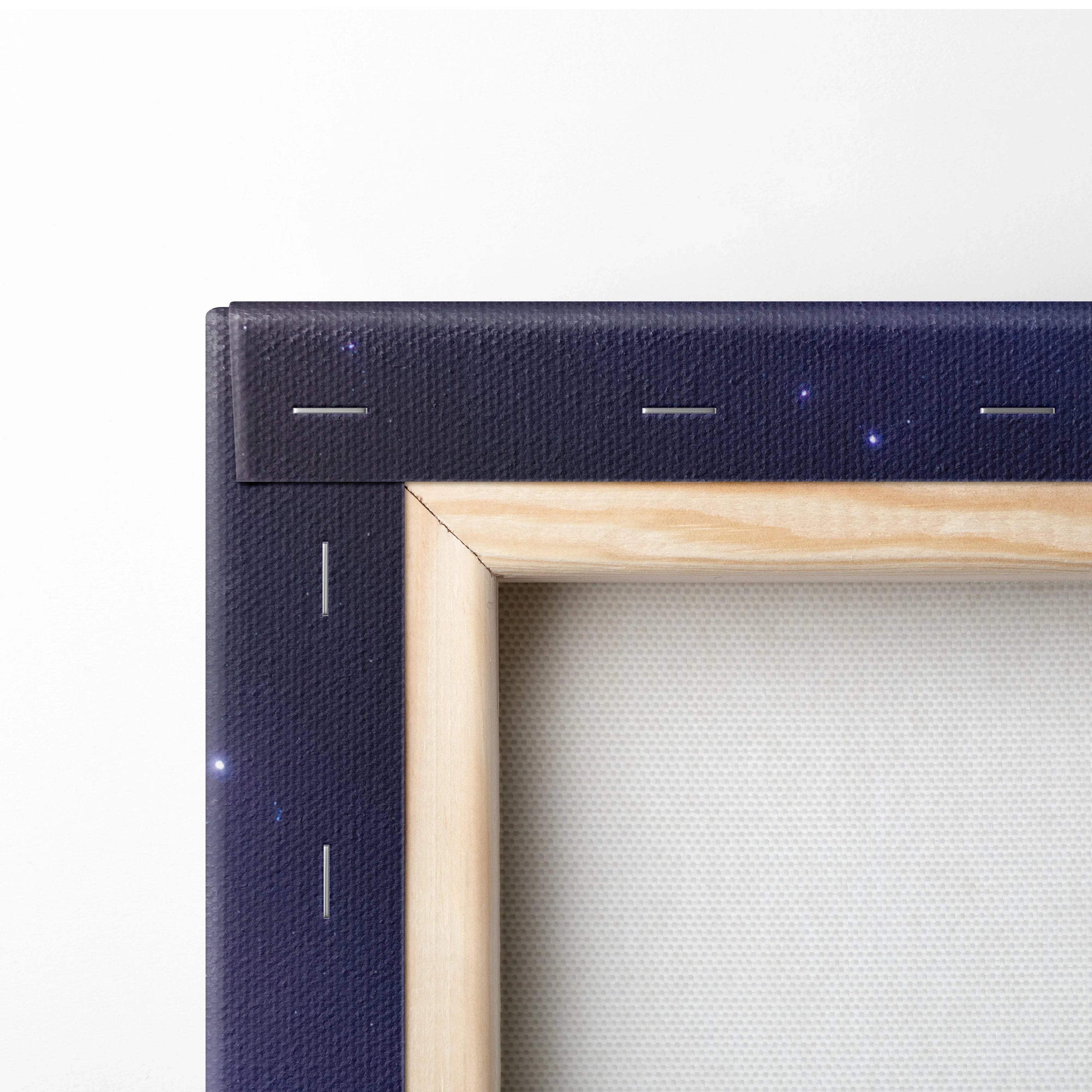 Navy blue epic sci-fi canvas with stars, lone tree, planet, moons in wood frame