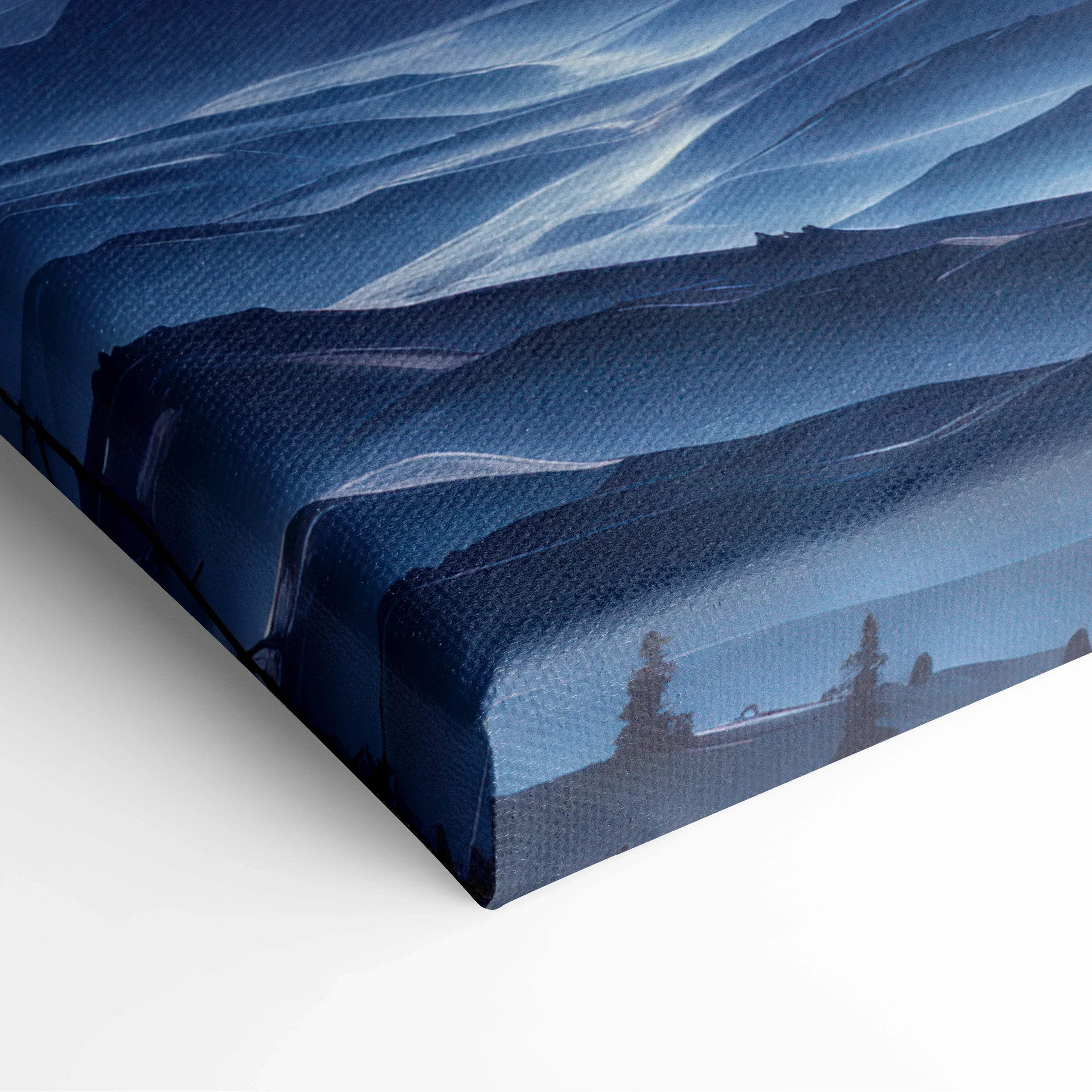 Epic sci-fi canvas print with blue alien landscape, textured fabric and white streaks
