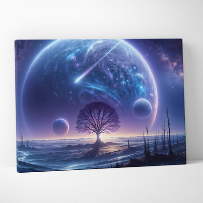 Epic sci-fi canvas print of lone tree on alien plains under planet and moons in cosmic blues and purples