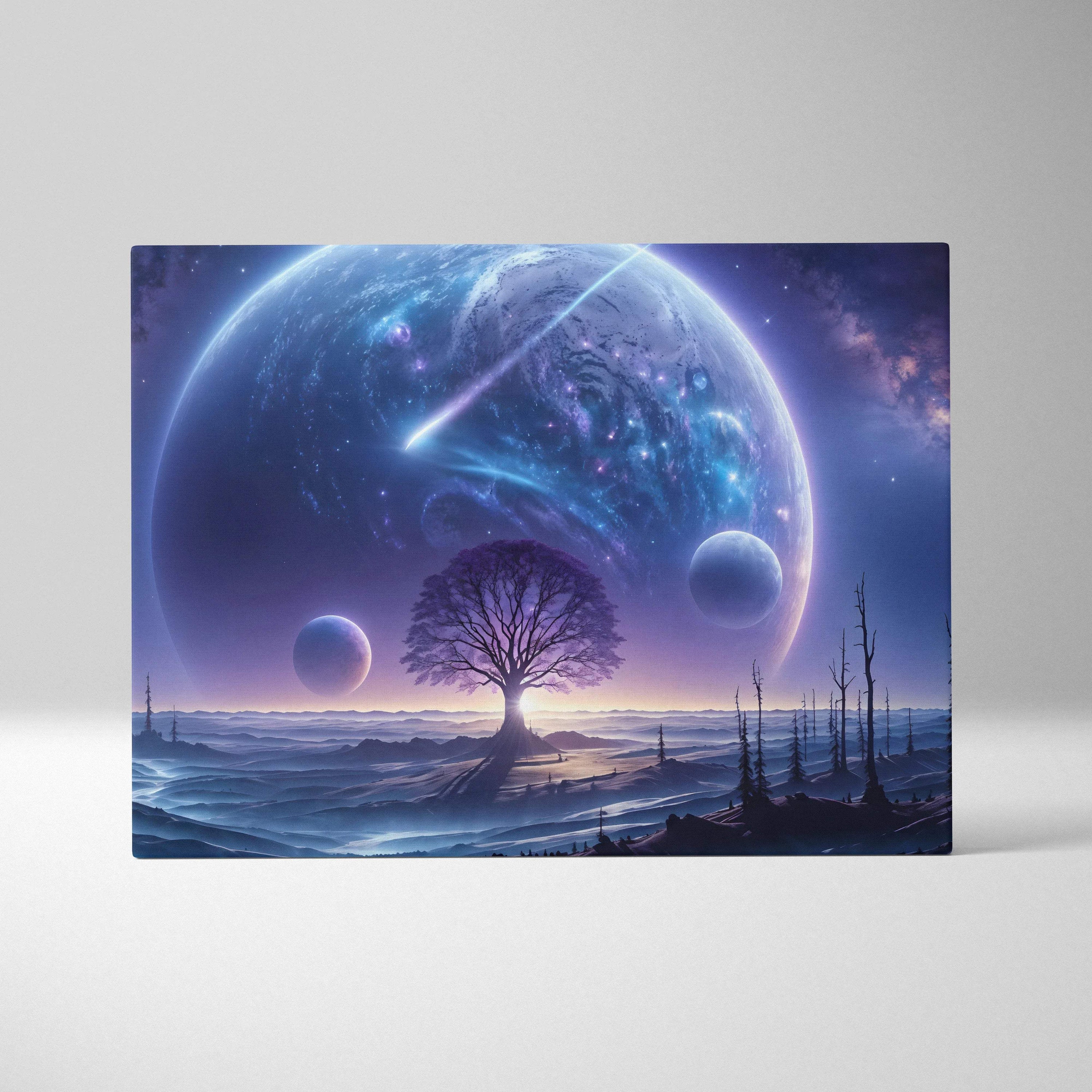 Epic sci-fi canvas print of lone tree on alien plains under massive planet in cosmic purples