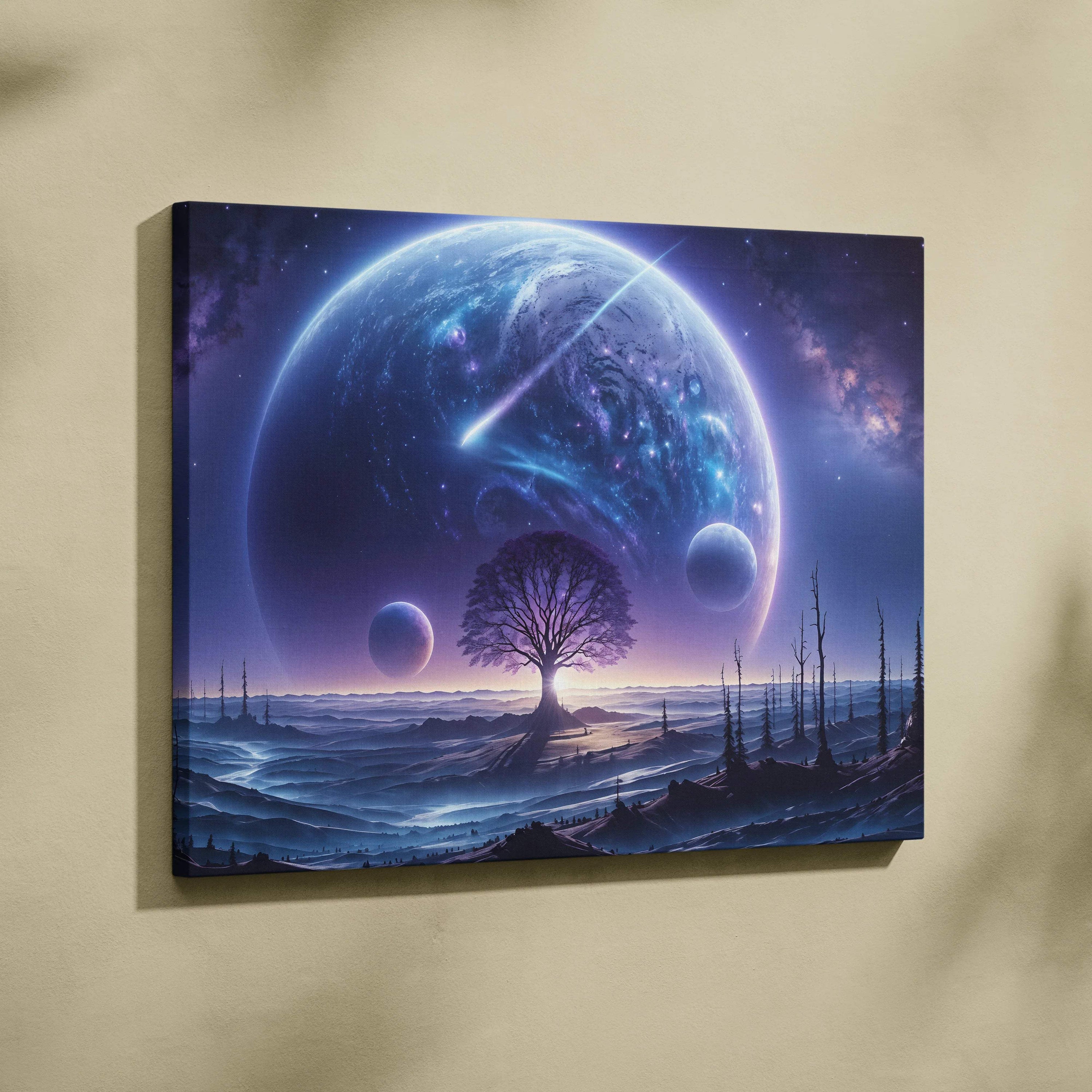 Epic sci-fi canvas print of lone tree on alien plains under massive blue planet and moons