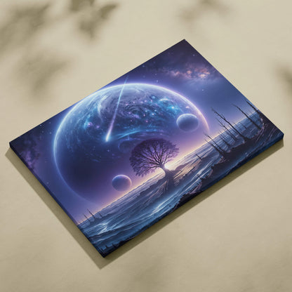 Epic sci-fi canvas print of glowing tree on alien plains under massive planet in cosmic purples and blues