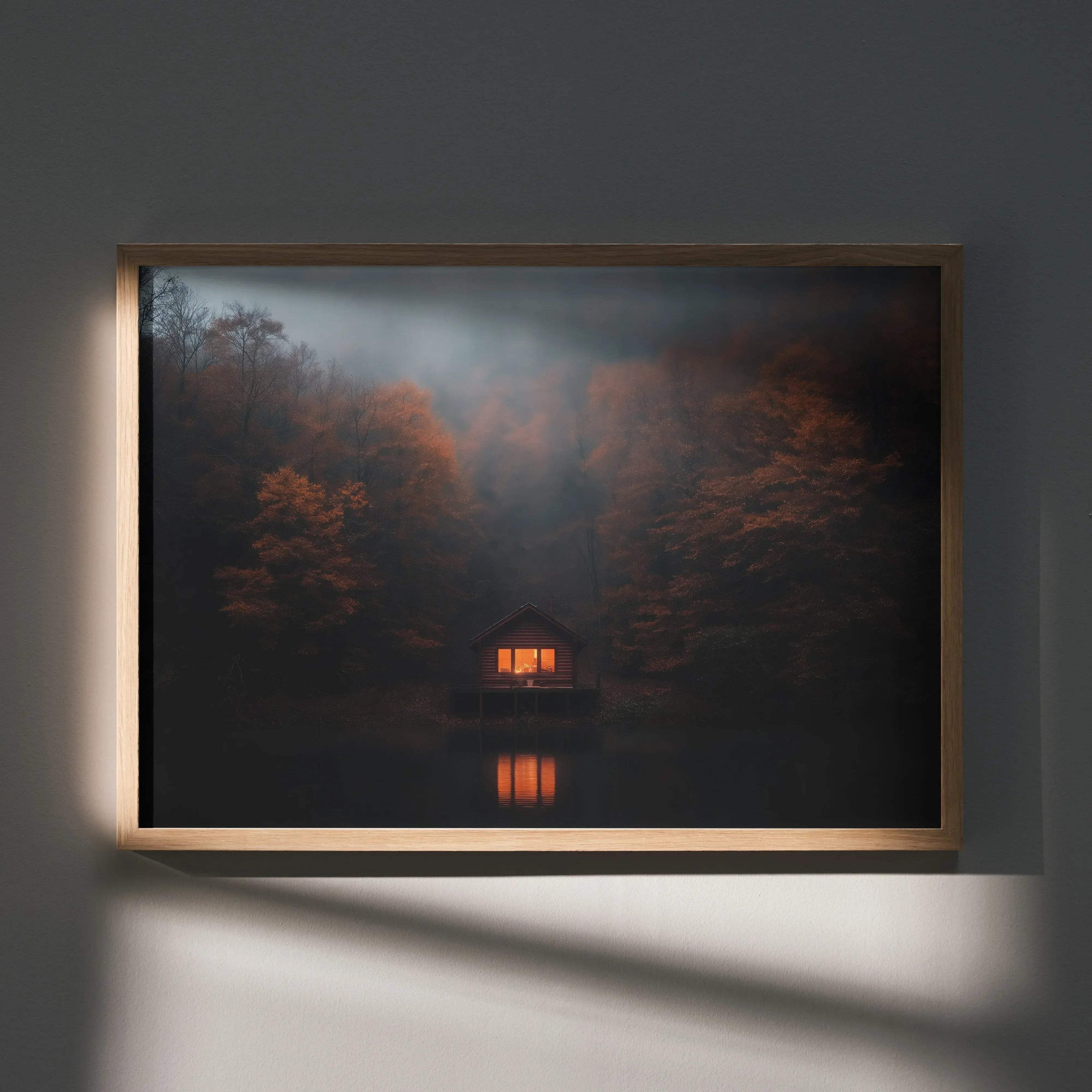 Vibrant autumn forest digital art poster with glowing cabin reflected in water, framed wall art.