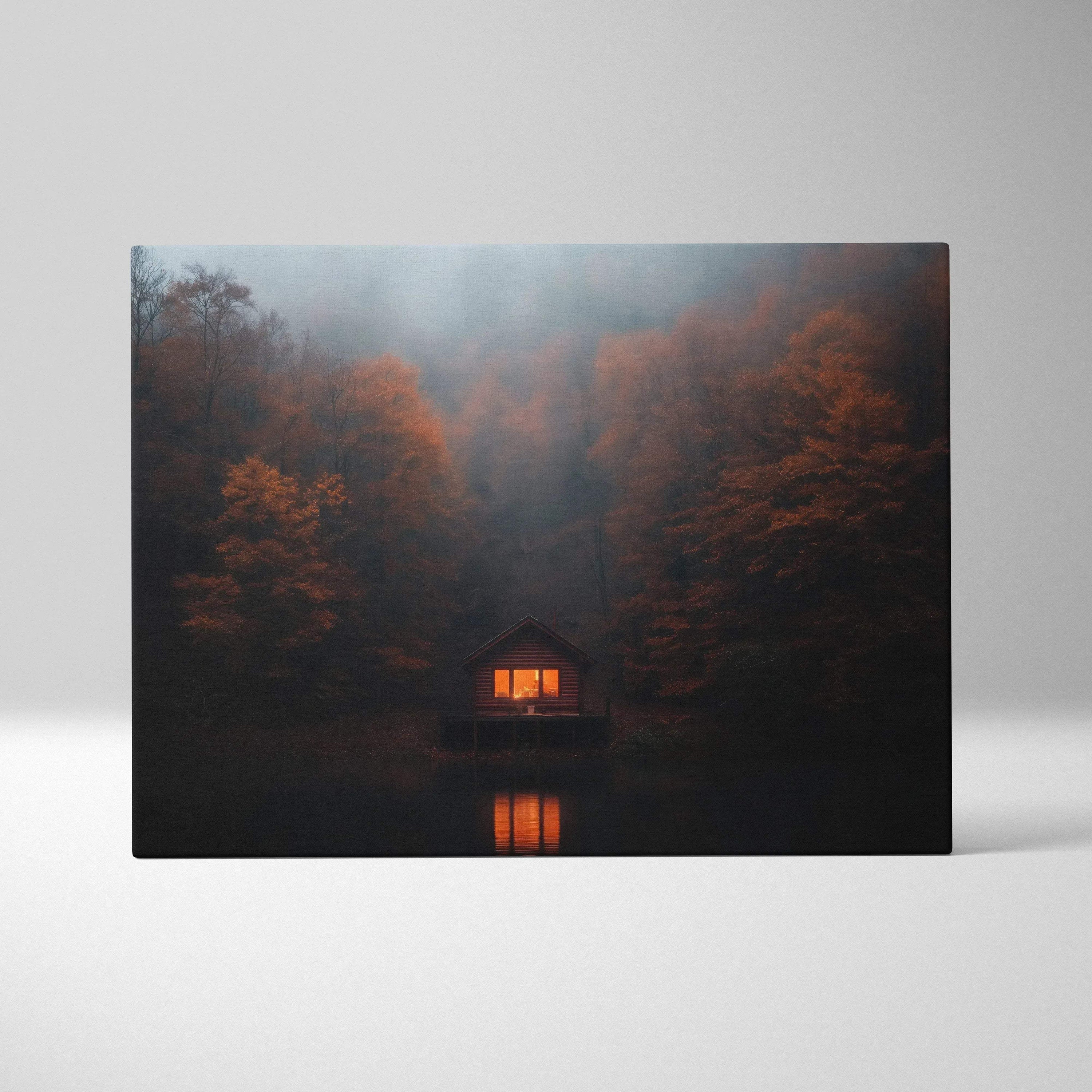 Canvas wall art featuring a glowing cabin in a foggy autumn forest with orange foliage reflection.