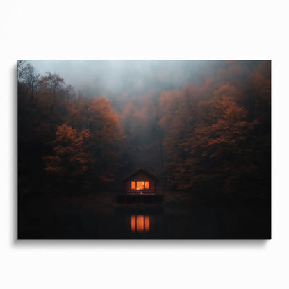 Digital art poster of a cabin glowing warmly in a foggy autumn forest with orange foliage wall art.