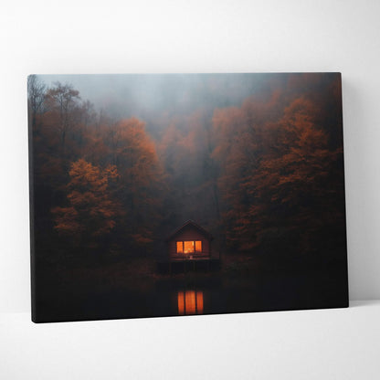 Canvas wall art featuring a glowing cabin in a misty autumn forest with vibrant orange foliage.