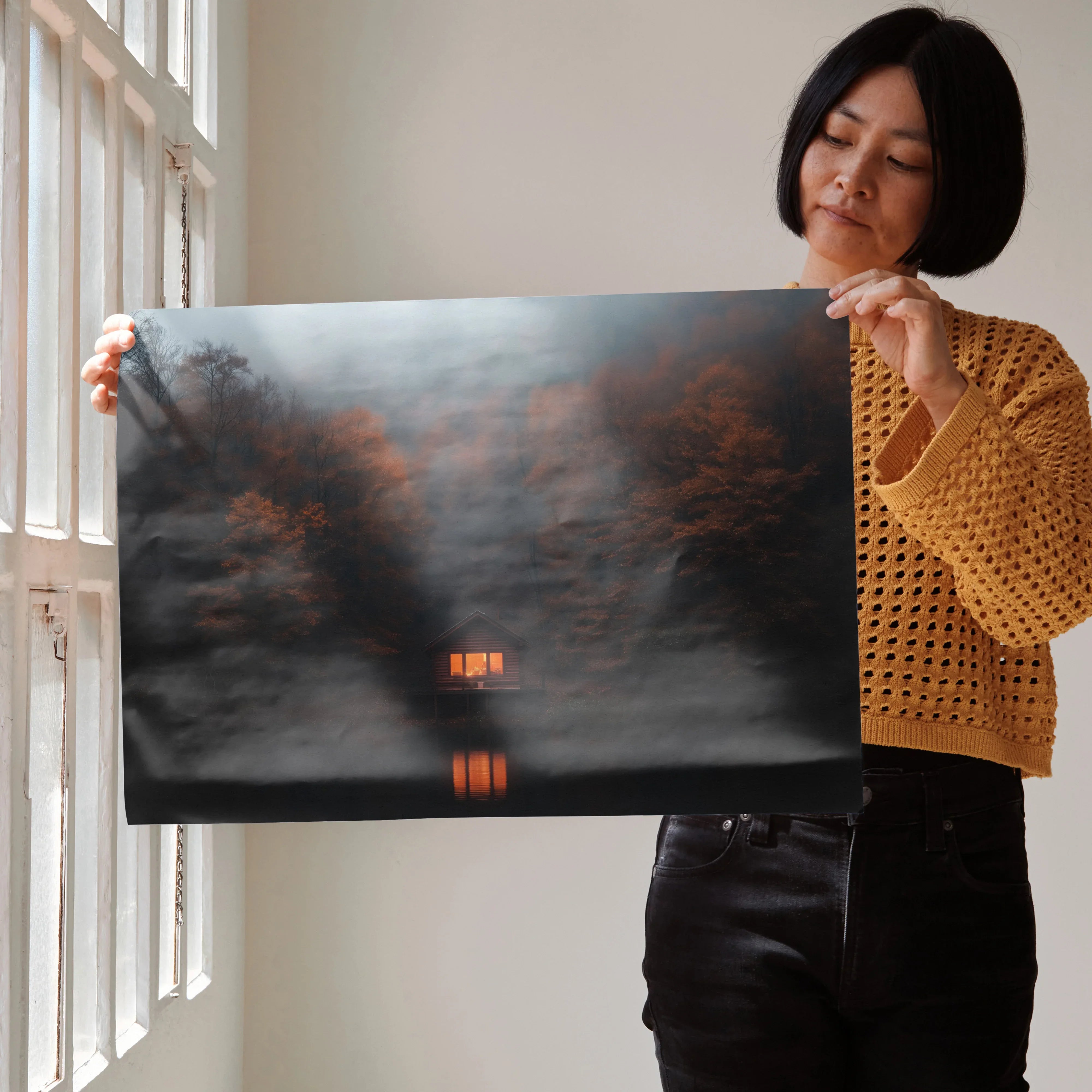 Vibrant autumn forest digital art poster with warm orange foliage and soft mist wall art.