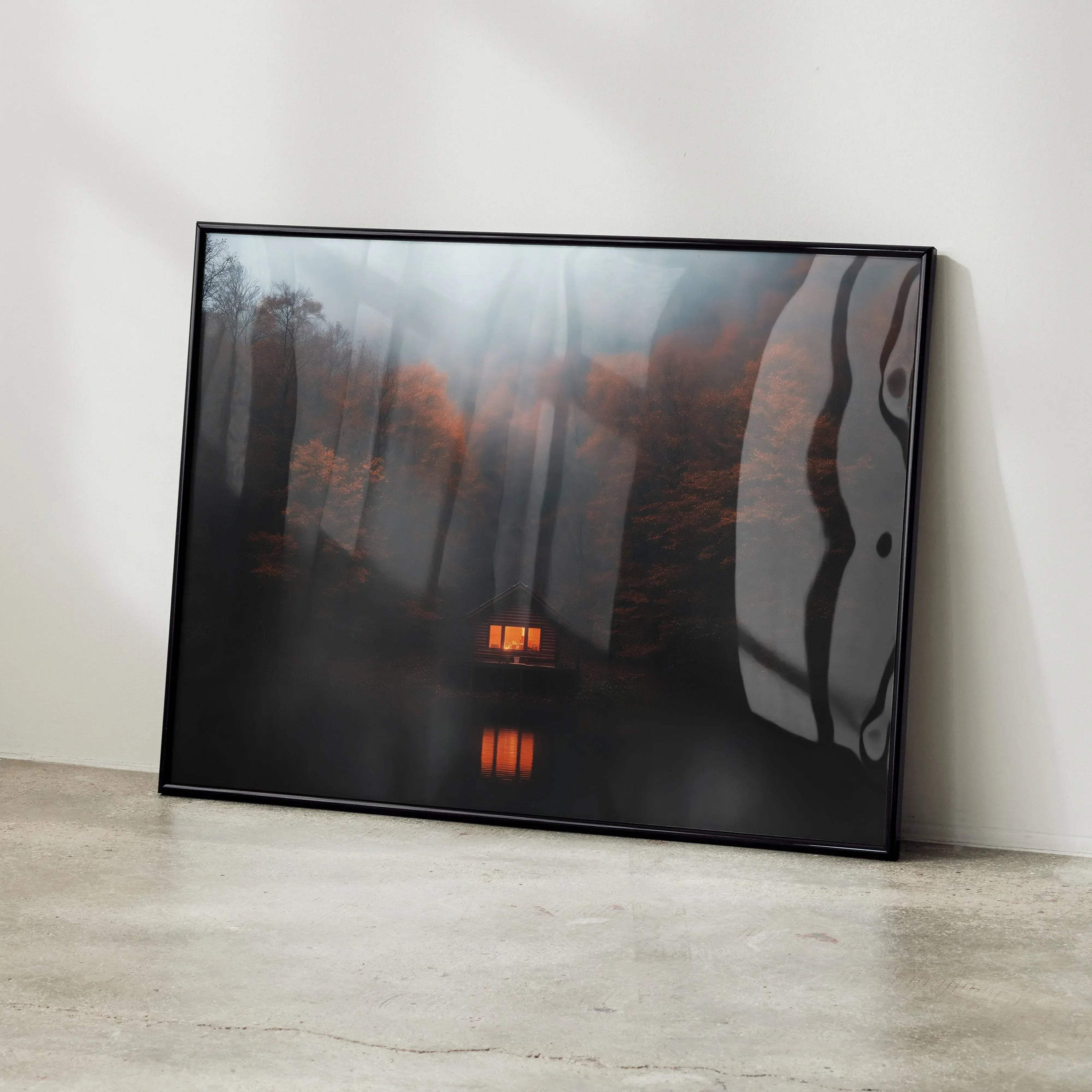 Vibrant autumn forest digital art poster with glowing light in dark woods, framed wall art.