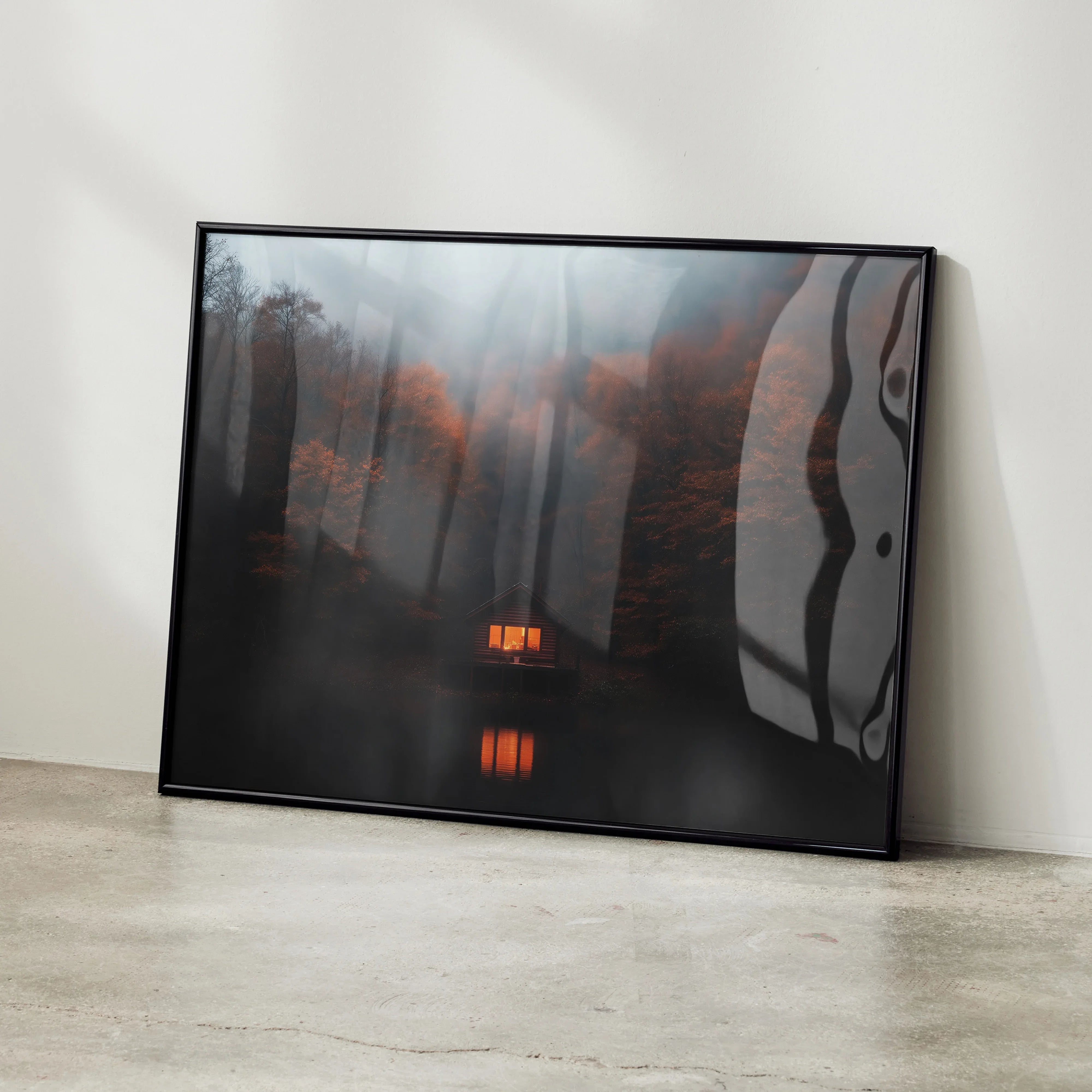 Vibrant autumn forest digital art poster with glowing light in dark woods, framed wall art.