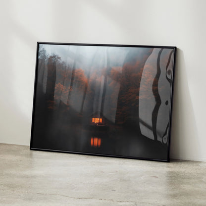 Vibrant autumn forest digital art poster with glowing light in dark woods, framed wall art.