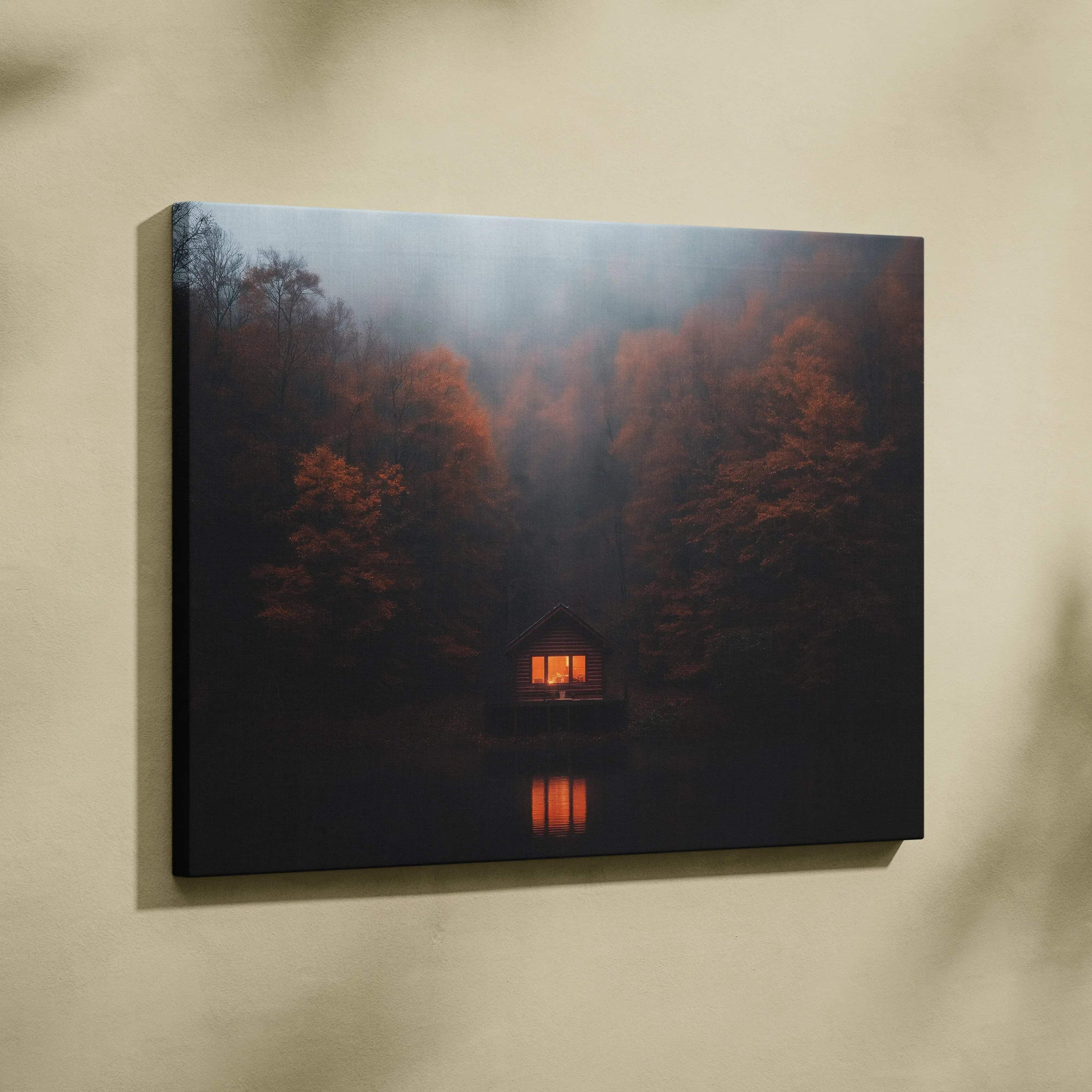 Canvas wall art of a glowing cabin in a misty autumn forest with vibrant orange foliage.