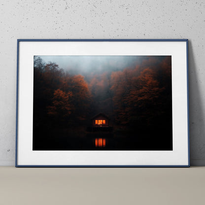 Autumn forest digital art poster with glowing cabin and reflective lake, vibrant wall art.