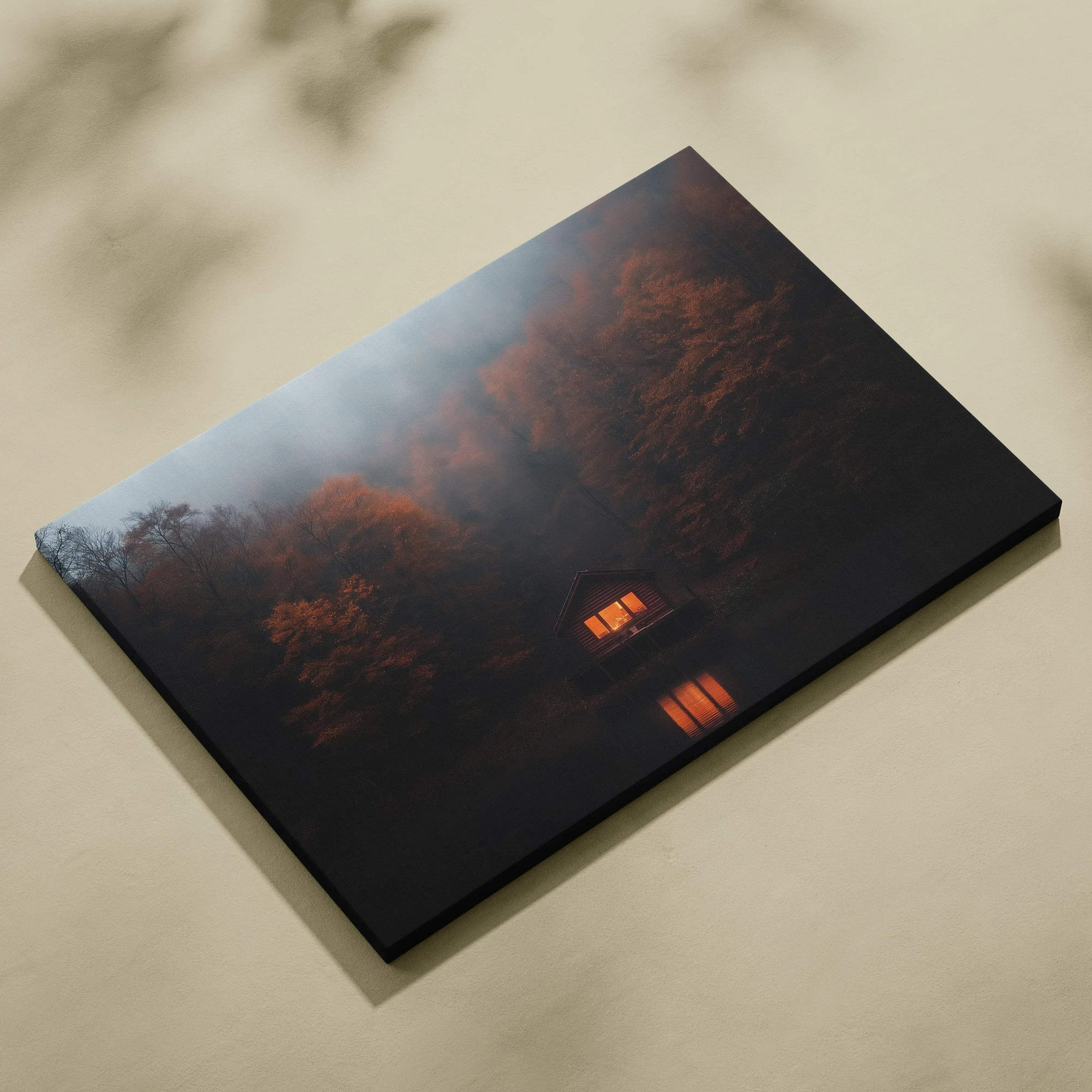 Dark autumn forest canvas wall art with glowing cabin lights and misty atmosphere.